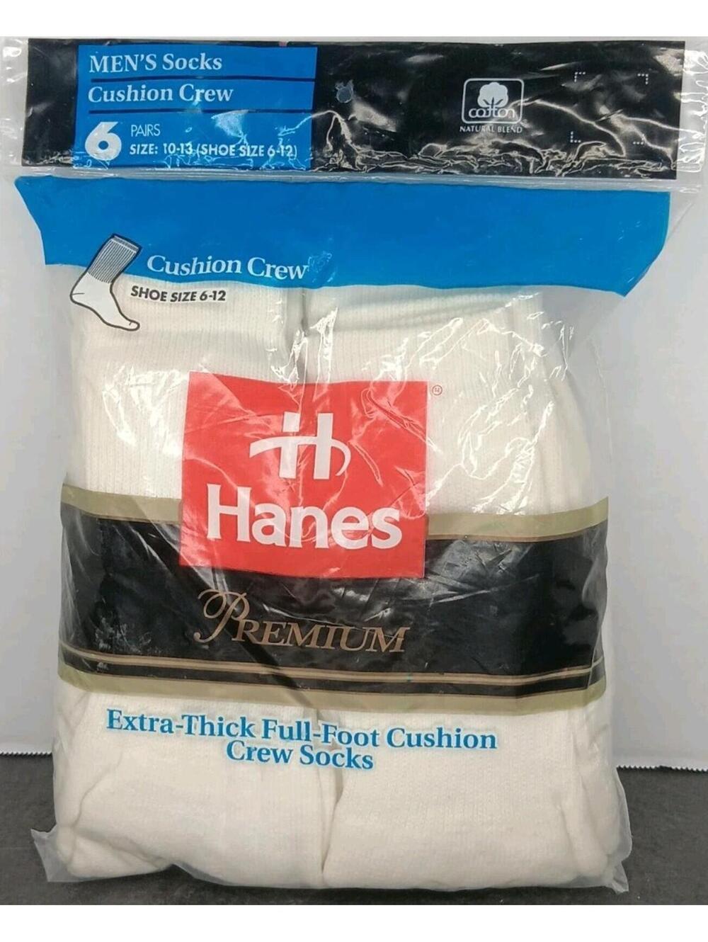 Hanes Premium Extra Thick Full Foot Cushion Crew Socks 6 Pack Sz 6-12 NOS 1993
